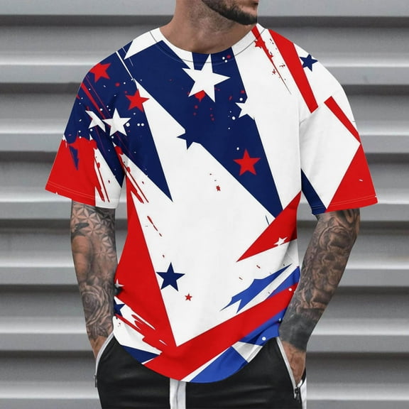 Zylanna Men's T-Shirts Tee, America Flag Print Summer Short Sleeve V-Neck Fashion Tops for Mens Multicolor