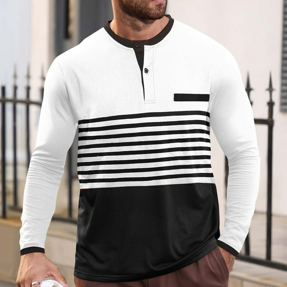 Zylanna Men's T-Shirts Tee, Button Striped Stretchy Crew Neck Long Sleeve Casual Tops for Man White