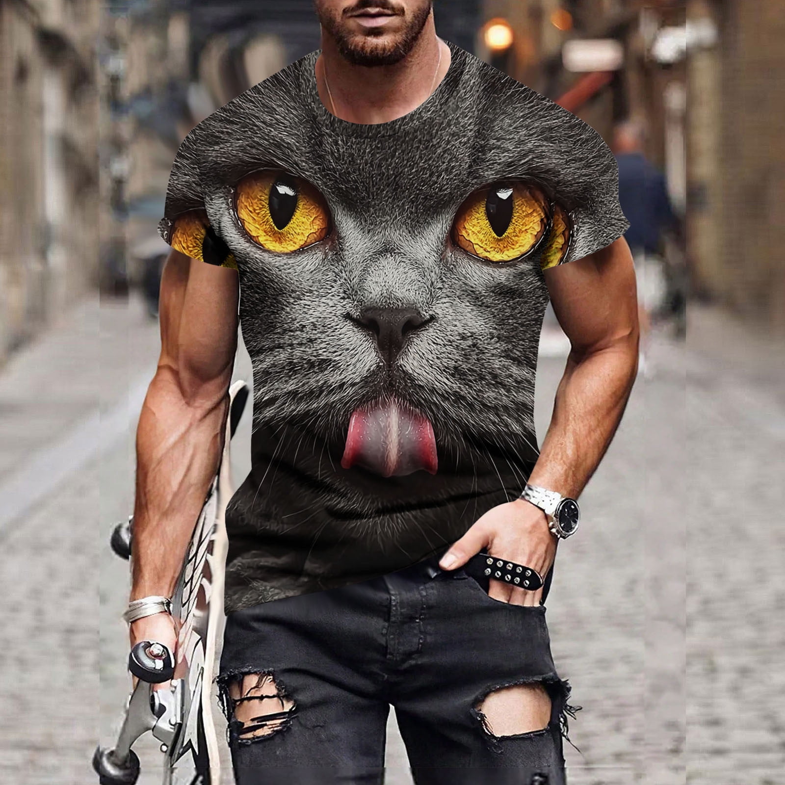 Zylanna Men's T-Shirts Tee, Summer Short Sleeve Cool Cat Print