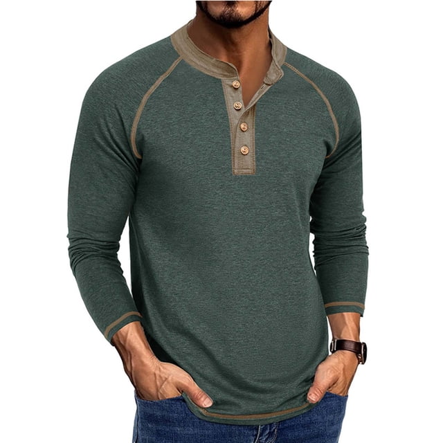 Zylanna Men's T-Shirts Tee, Crew Neck Long Sleeve Button Color Block Stretchy Casual Tops for Man Green