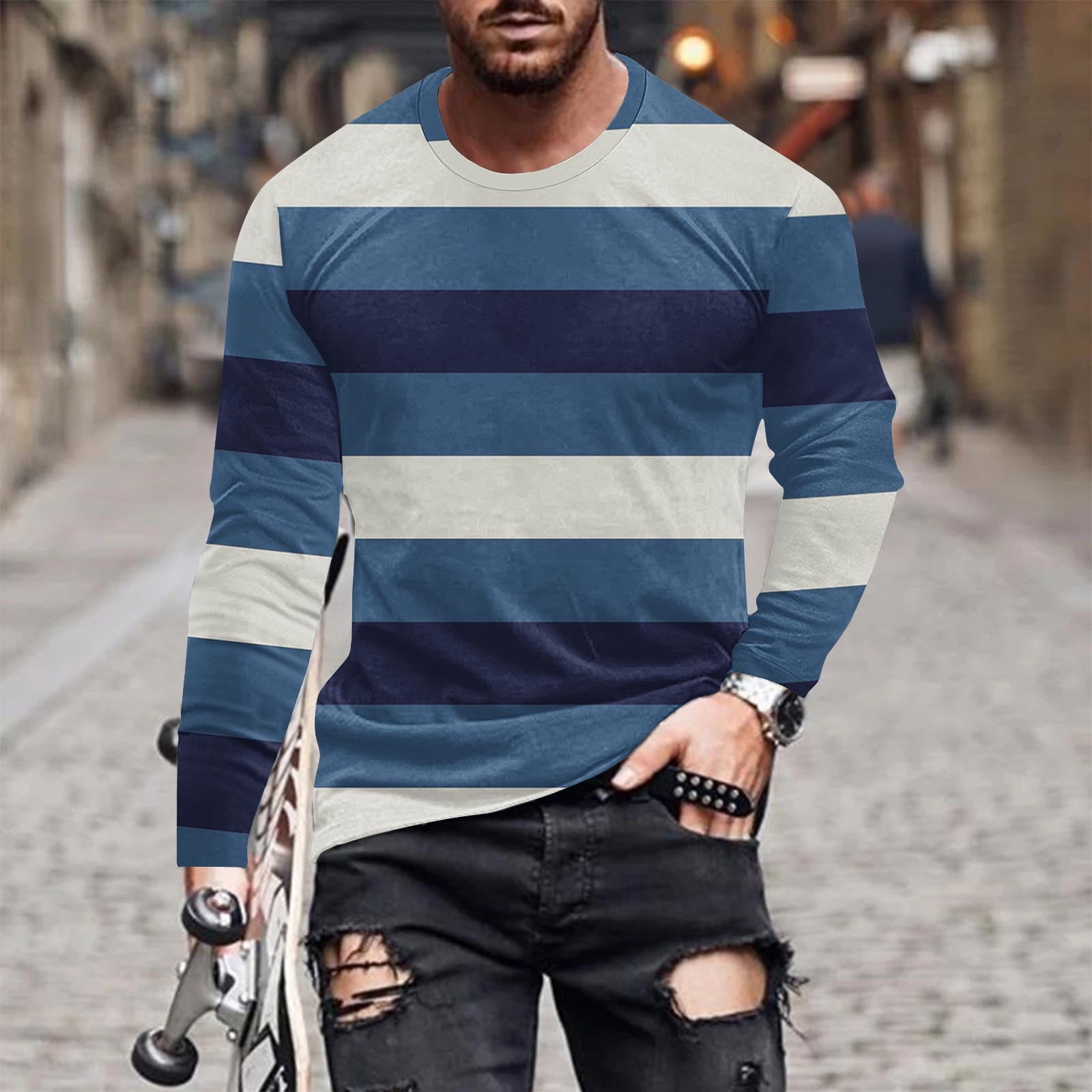 Zylanna Men's T-Shirts Tee, Crew Neck Long Sleeve Stretchy Striped