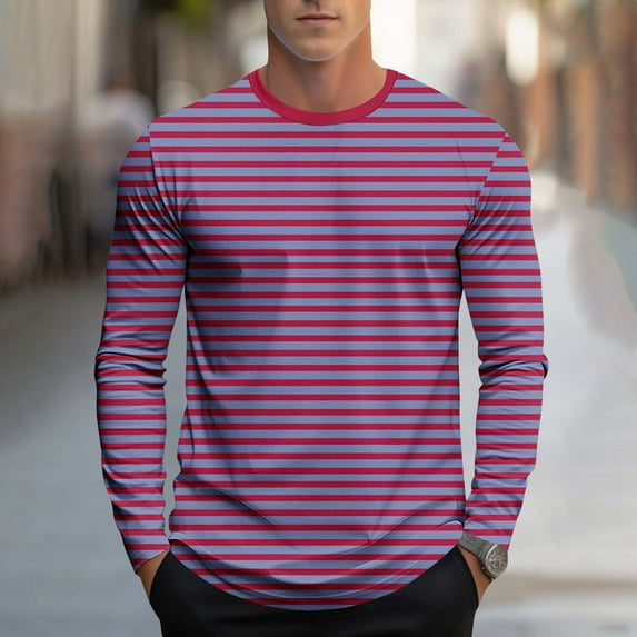 Zylanna Men's T-Shirts Tee, Long Sleeve Crew Neck Breathable Striped Tops for Activewear Sports Hot Pink