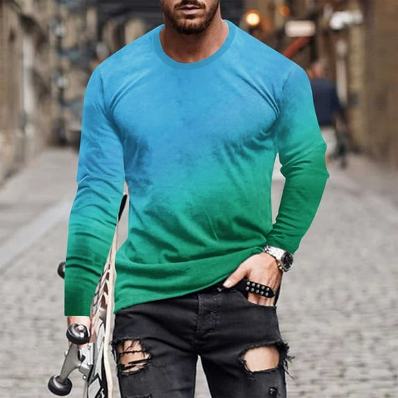 Zylanna Men's T-Shirts Tee, Long Sleeve Crew Neck Gradient Color Stretchy Casual Tops for Man Light Blue