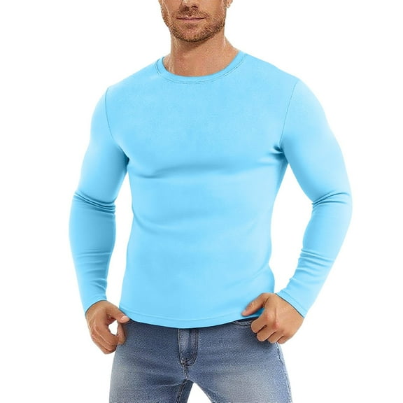 Zylanna Men's T-Shirts Tee, Long Sleeve Crew Neck Solid Color Stretchy Casual Tops for Man Sky Blue