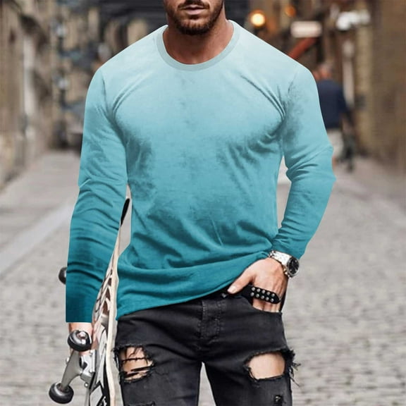 Zylanna Men's T-Shirts Tee, Long Sleeve Crew Neck Stretchy Gradient Color Casual Tops for Man Sky Blue