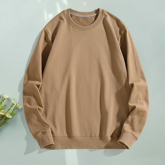 Zylanna Men's T-Shirts Tee, Long Sleeve Solid Color Stretchy Crew Neck Casual Tops for Man Khaki