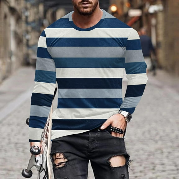 Zylanna Men's T-Shirts Tee, Long Sleeve Stretchy Crew Neck Striped Casual Tops for Man Navy