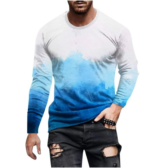 Zylanna Men's T-Shirts Tee, Long Sleeve Stretchy Gradient Color Crew Neck Casual Tops for Man Blue