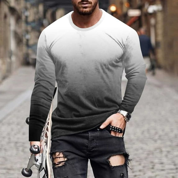 Zylanna Men's T-Shirts Tee, Long Sleeve Stretchy Gradient Color Crew Neck Casual Tops for Man Dark Gray