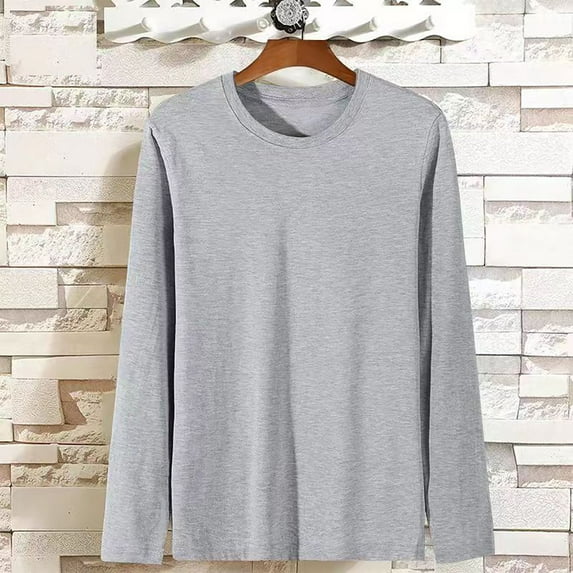 Zylanna Men's T-Shirts Tee, Long Sleeve Stretchy Solid Color Crew Neck Casual Tops for Man Gray