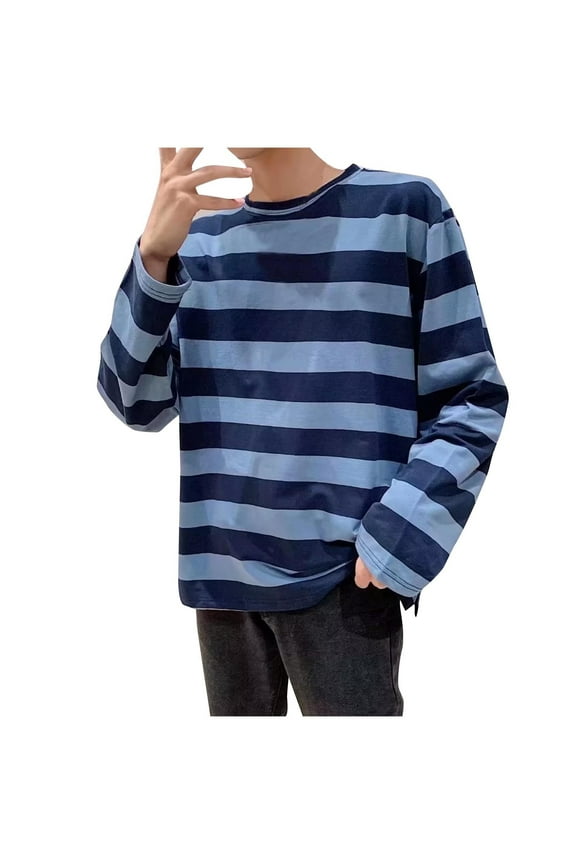 Men's T-Shirts Tee, Long Sleeve Striped Crew Neck Breathable Tops for Activewear Sports Blue