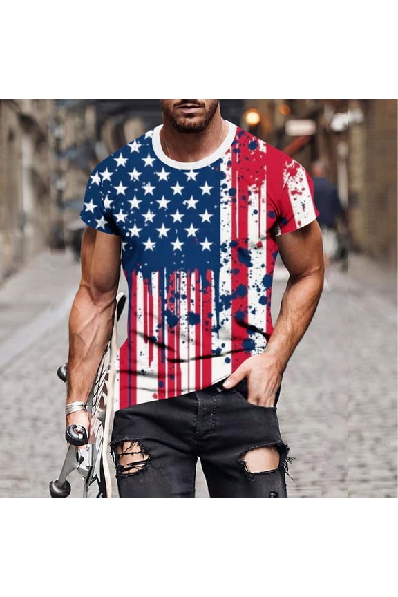 Men's T-Shirts Tee, Short Sleeve American Flag Casual Crew Neck Summer Tops for Men Blue