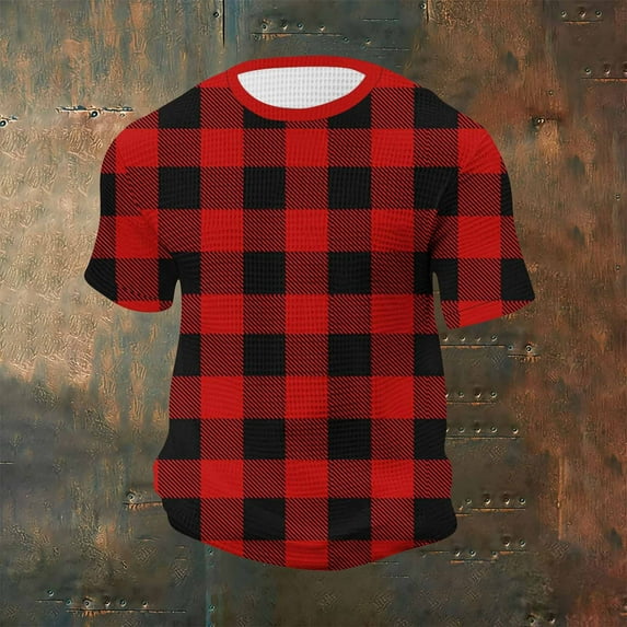 Zylanna Men's T-Shirts Tee, Short Sleeve Plaid Crew Neck Summer Fashion Tops for Mens Red