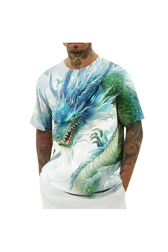 Men's T-Shirts Tee, Short Sleeve Summer Dragon Print Crew Neck Fashion Tops for Mens Green