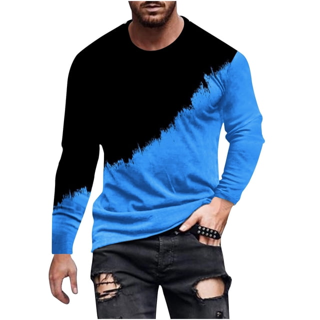 Zylanna Men's T-Shirts Tee, Stretchy Crew Neck Long Sleeve Color Block Casual Tops for Man Blue