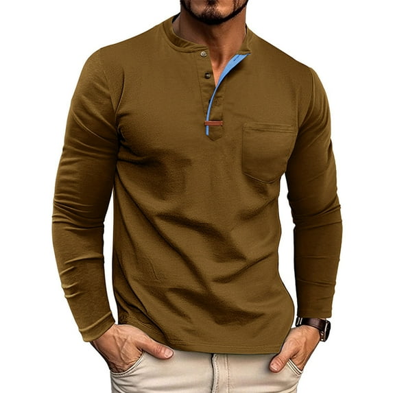 Zylanna Men's T-Shirts Tee, Stretchy Crew Neck Long Sleeve Solid Color Button Casual Tops for Man Brown