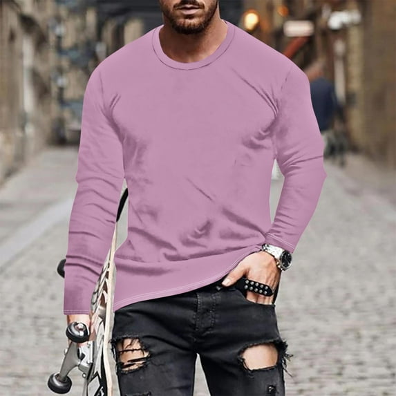Zylanna Men's T-Shirts Tee, Stretchy Crew Neck Long Sleeve Solid Color Casual Tops for Man Pink