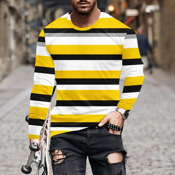 Zylanna Men's T-Shirts Tee, Stretchy Crew Neck Long Sleeve Striped Casual Tops for Man Yellow