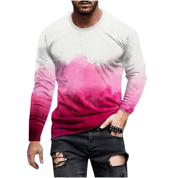 Zylanna Men's T-Shirts Tee, Stretchy Gradient Color Crew Neck Long Sleeve Casual Tops for Man Hot Pink