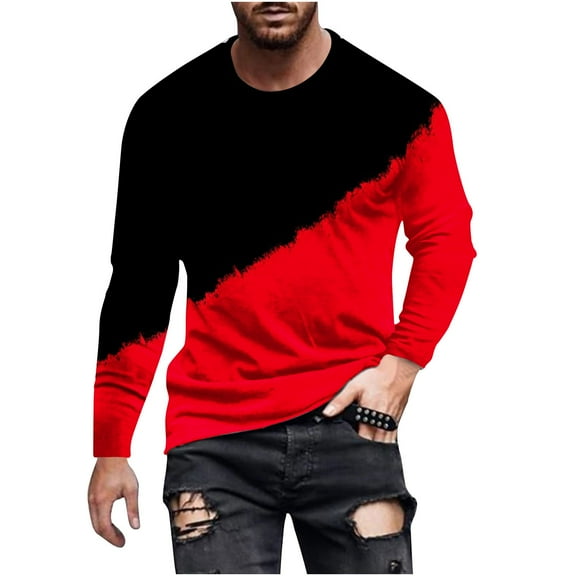 Zylanna Men's T-Shirts Tee, Stretchy Long Sleeve Crew Neck Color Block Casual Tops for Man Red