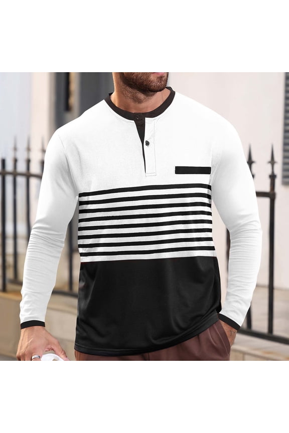 Men's T-Shirts Tee, Striped Stretchy Long Sleeve Button Crew Neck Casual Tops for Man White