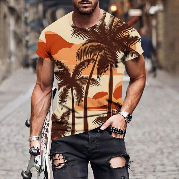 Zylanna Men's T-Shirts Tee, Summer Short Sleeve Crew Neck Hawaii Print Fashion Tops for Mens Orange