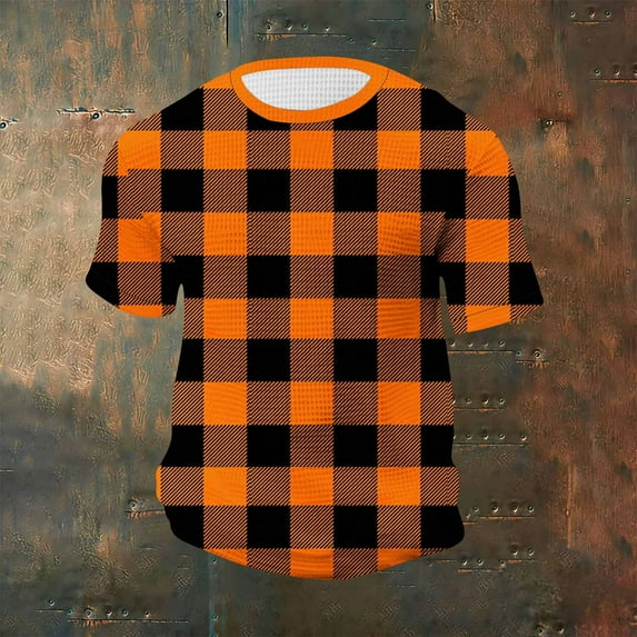 Zylanna Men's T-Shirts Tee, Summer Short Sleeve Crew Neck Plaid Fashion Tops for Mens Orange