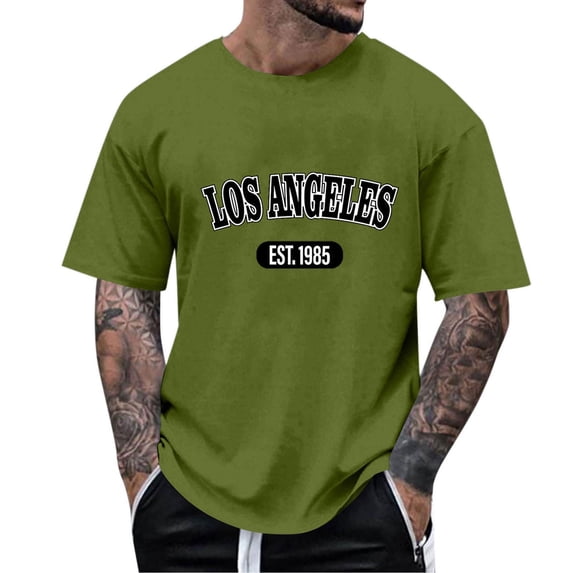Zylanna Men's T-Shirts Tee, Summer Short Sleeve Los Angeles Print Crew Neck Fashion Tops for Mens Army Green