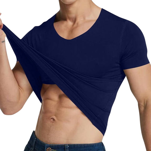 Zylanna Men's T-Shirts Tee, Summer Solid Color Short Sleeve V-Neck Stretchy Tops for Sport Navy