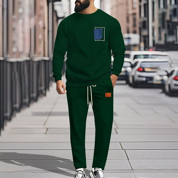 Zylanna Men's Tracksuit Outfit Sets, 2 Piece Elastic Waist Crew Neck Long Sleeve Sweatshirts + Pants Sets for Men Army Green