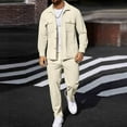 thumbnail image 1 of Zylanna Men's Tracksuit Outfit Sets, 2 Piece Elastic Waist Long Sleeve Turndown Collar Cardigan + Pants Sets for Men Beige, 1 of 7