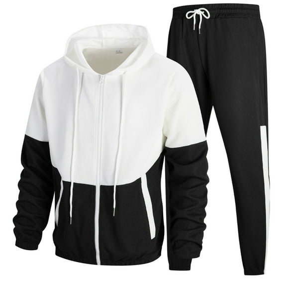 Zylanna Men's Tracksuit Outfit Sets, Long Sleeve 2 Piece Elastic Waist Hooded Color Block Cardigan + Sweatpants Sets for Men Black