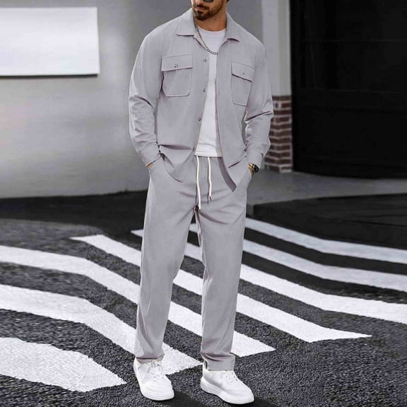 Zylanna Men's Tracksuit Outfit Sets, Long Sleeve Elastic Waist Turndown Collar 2 Piece Cardigan + Pants Sets for Men Gray