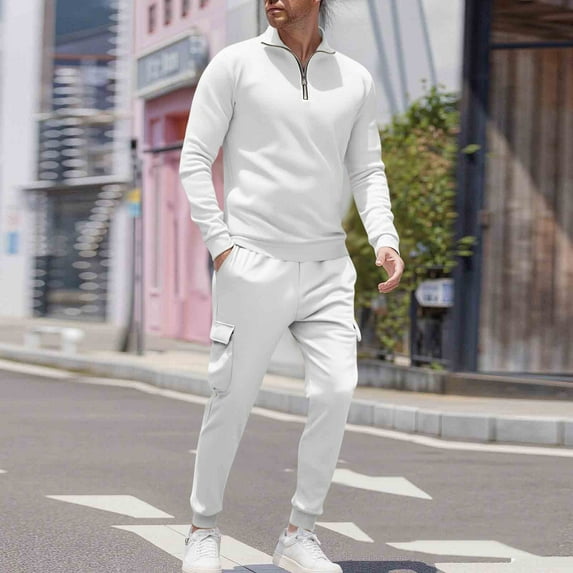 Zylanna Men's Tracksuit Outfit Sets, Turndown Collar 2 Piece Elastic Waist Long Sleeve Pullover + Pants Sets for Men White