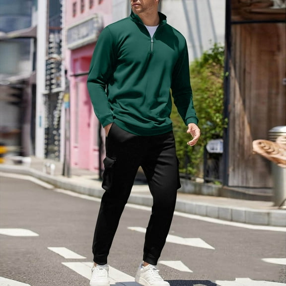 Zylanna Men's Tracksuit Outfit Sets, Turndown Collar 2 Piece Long Sleeve Elastic Waist Pullover + Pants Sets for Men Green