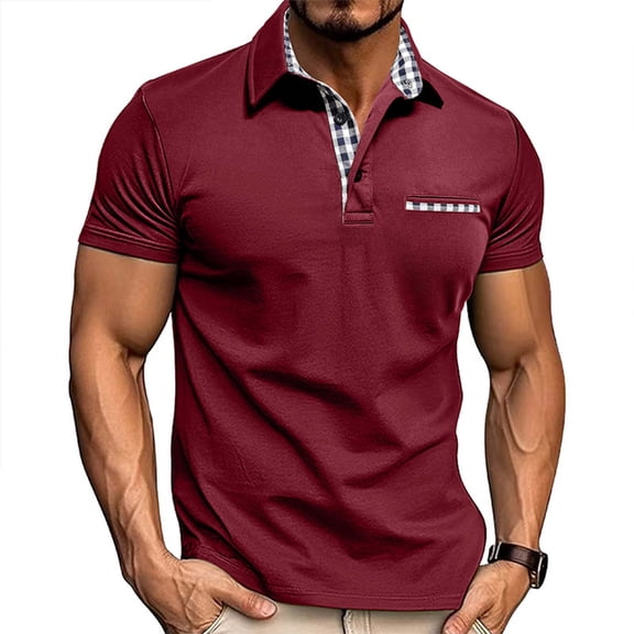Zylanna Men's Turndown Collar Shirts, Button Down Breathable Summer Short Sleeve Color Blocking Casual Trouses for Men Wine Size 2XL