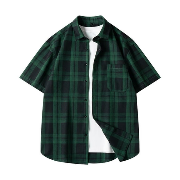 Zylanna Men's Turndown Collar Shirts Cardigan, Button Down Summer Short Sleeve Breathable Plaid Casual Trouses for Men Green Size M