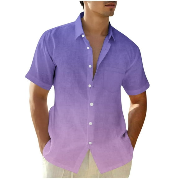 Zylanna Men's Turndown Collar Shirts, Gradient Print Summer Button Down Short Sleeve Casual Cardigan Trouses for Men Purple Size M
