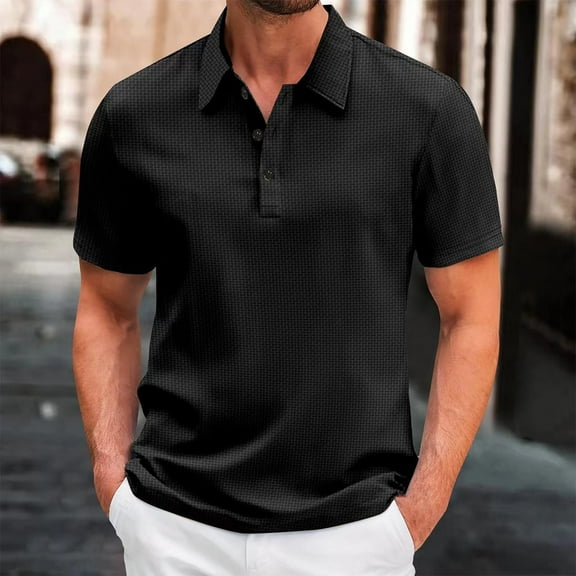 Zylanna Men's Turndown Collar Shirts, Solid Color Button Down Short Sleeve Summer Breathable Casual Trouses for Men Black Size L