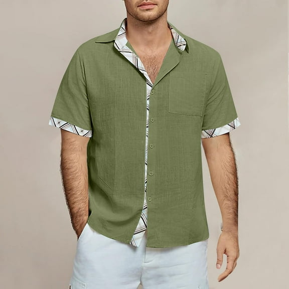 Zylanna Men's Turndown Collar Shirts, Solid Color Button Down Short Sleeve Summer Breathable Casual Trouses for Men Green Size S