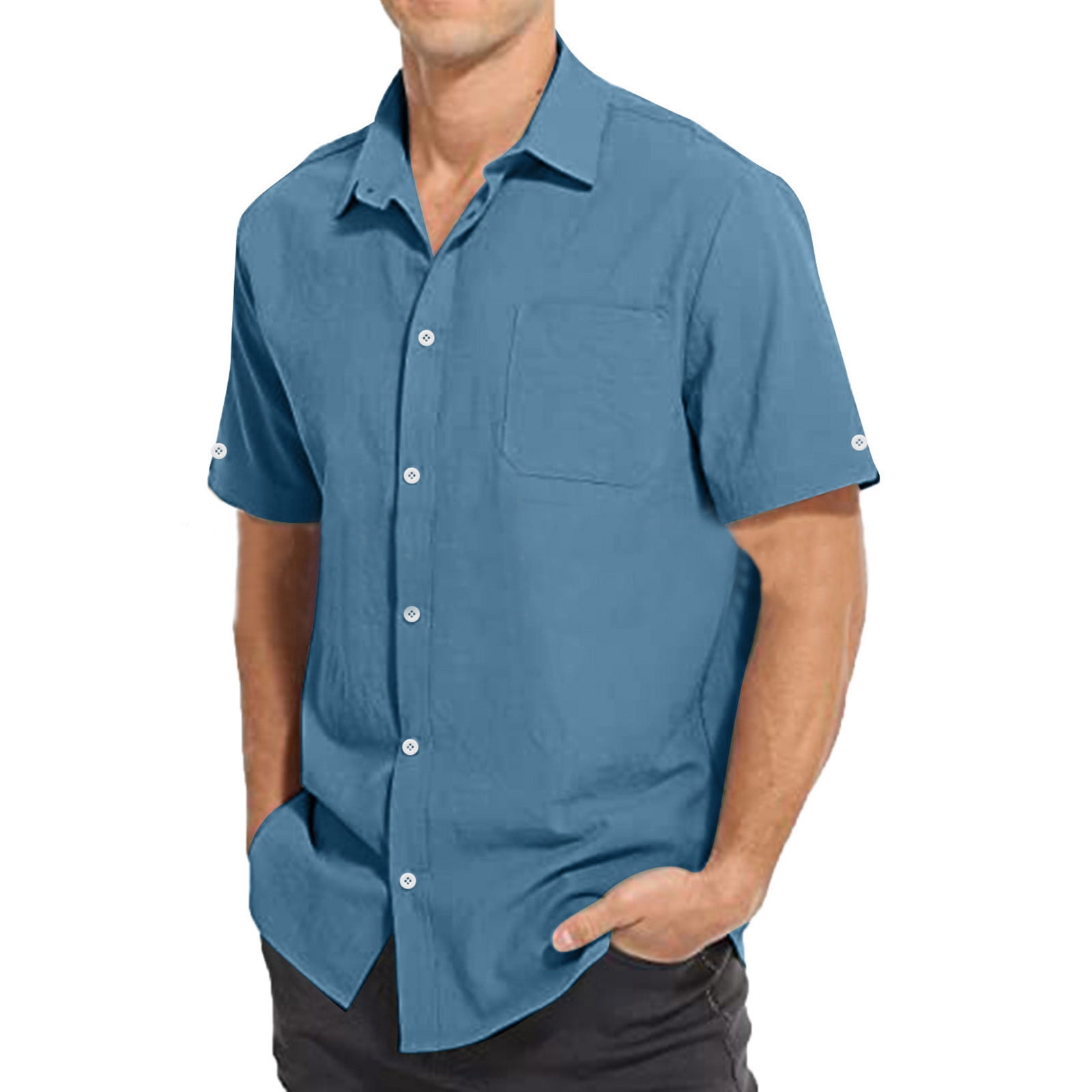 Zylanna Men's Turndown Collar Shirts, Solid Color Summer Button Down ...