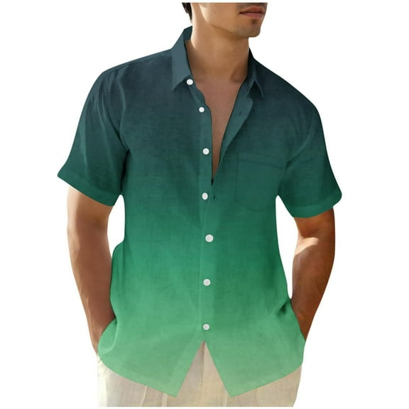 Zylanna Men's Turndown Collar Shirts, Summer Gradient Print Button Down Short Sleeve Casual Cardigan Trouses for Men Green Size L