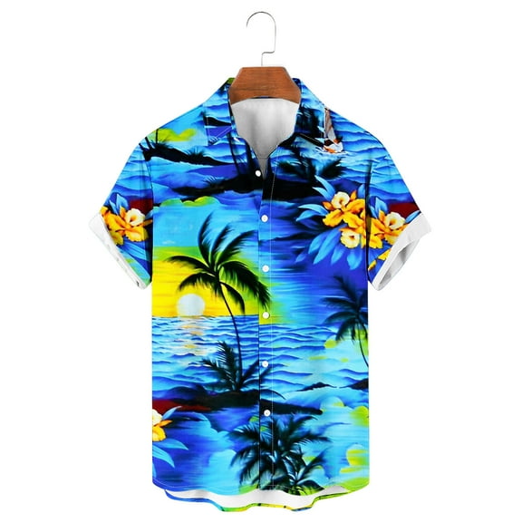 Zylanna Men's Turndown Collar Shirts, Summer Hawaiian Vacation Button Down Short Sleeve Casual Cardigan Trouses for Men Blue Size M