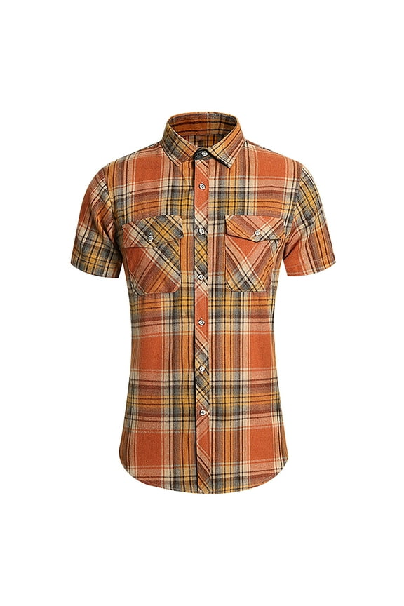 Men's Turndown Collar Shirts, Summer Short Sleeve Button Down Plaid Casual Cardigan Trouses for Men Orange Size XL