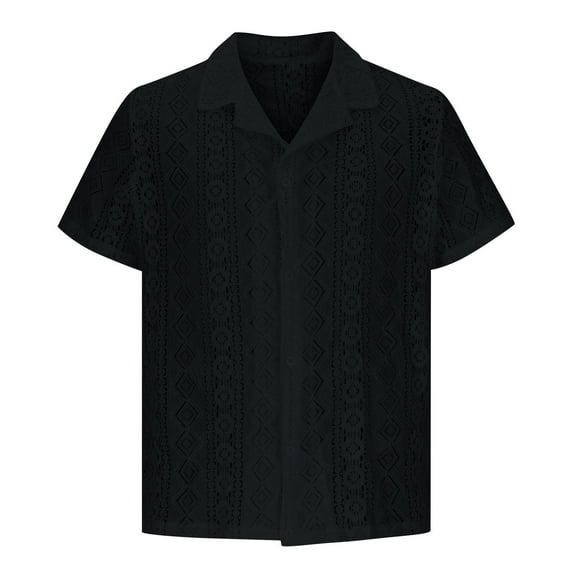 Zylanna Men's Turndown Collar Shirts, Summer Short Sleeve Lace Hollow Out Button Down Casual Cardigan Trouses for Men Black Size S