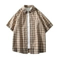 thumbnail image 1 of Zylanna Men's Turndown Collar Shirts, Summer Short Sleeve Plaid Button Down Casual Cardigan Trouses for Men Khaki Size L, 1 of 7
