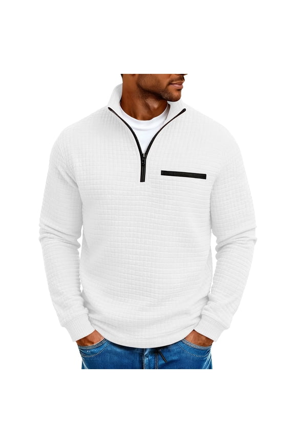 Men's Waffle Knit Quarter-Zip Shirt, High Neck Loose Fit Chest Pocket Long Sleeve Pullover Casual Daily Tops White