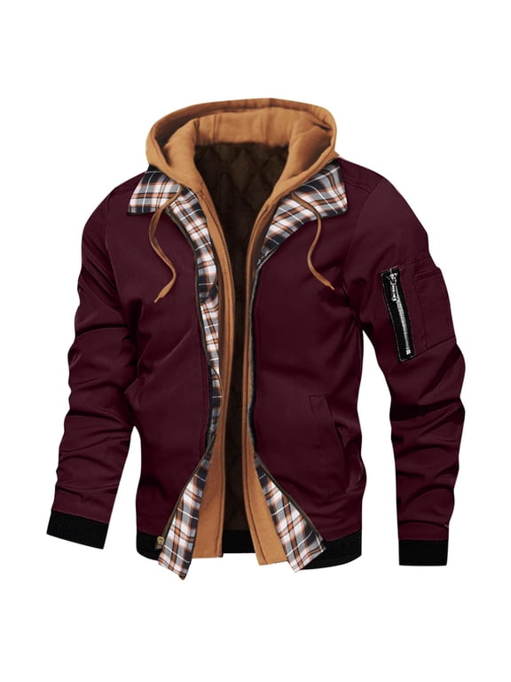 Men's Warm Jackets, Hooded Outdoor Windbeeaker Fall Winter Casual Coats for Men Wine Size XL