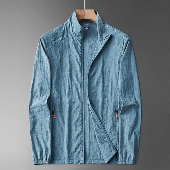 Zylanna Men's Waterproof Windbreaker Bomber, Lightweight Multi Pockets Outdoor Sport Full Zip Thin Hiking Jackets for Man Light Blue Size 5XL