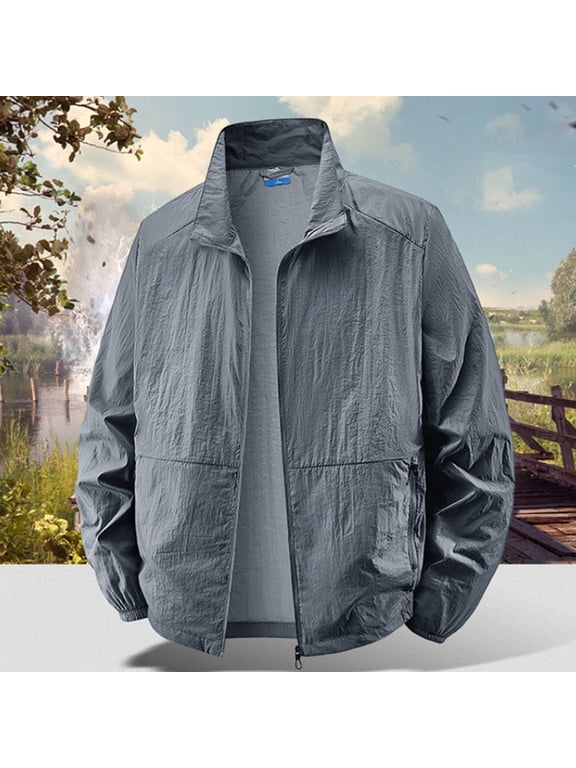Men's Waterproof Windbreaker Bomber, Lightweight Outdoor Sport Full Zip Thin Multi Pockets Hiking Jackets for Man Dark Gray Size XL